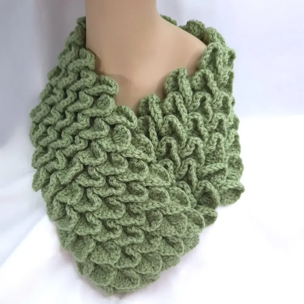 Handmade Dragon Scale Cowl Olive Green Mermaid Crochet Scarf Crocodile Stitch - Picture 4 of 10